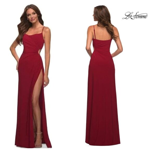 LA FEMME Cutout Crepe Gown in Deep Red Size US 2 - Picture 1 of 8
